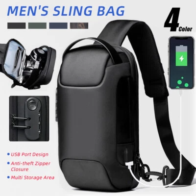 $28.79 • Buy Men's Anti-theft Crossbody Bag Sling Backpack Oxford Cloth Waterproof USB Port
