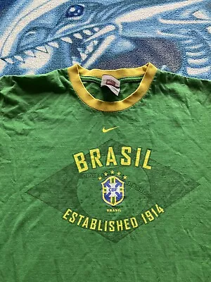 Vintage Nike Center Swoosh Ronaldo CBF Brazil Futbol T-Shirt Ringer Sz Medium • $40.49