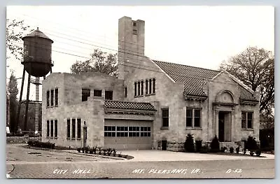 Mt Pleasant Iowa~City Hall & Fire Department~Water Tower Behind~1940s RPPC • $12