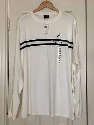 Nautica Men’s XL T-Shirt White With Navy Blue Stripe & Logo Crewneck Long Sleeve • $25