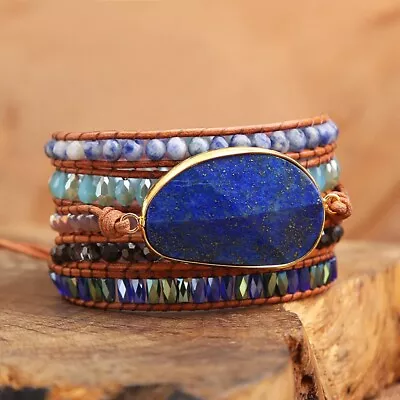 Natural Lapis Lazuli 5 Strands Boho Braided Leather Wrap Bracelet • $18.04