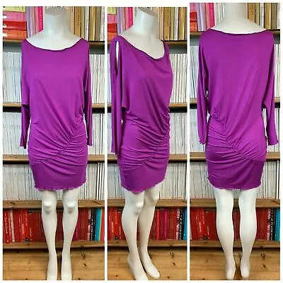 Michelle Jonas Womens S 8 10 Mini Dress Purple Silk Jersey Ruched Cold Shoulder • $18.66