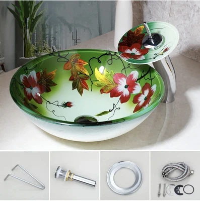 £149.99 • Buy UK Bathroom Hand Painting Glass Basin Sink Bowl Waterfall Sink Tap Mixer Faucet