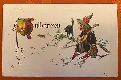 Vintage Halloween Postcard Witch Playing Lute Owl Pumpkin Cat Bat 1913 • $22.99