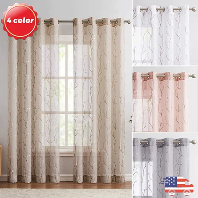 $16.14 • Buy 2 Panels Semi Sheer Floral Embroidered Curtains For Bedroom Voile Grommet Drapes