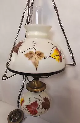Vintage Hurricane Fall Leaves Glass Swag Hanging Chandelier Parlor Lamp Chain • $84.50