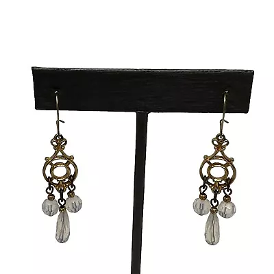 Vintage Wire Pierced Earrings Clear Iridescent Beads Gold Tone • $9.99