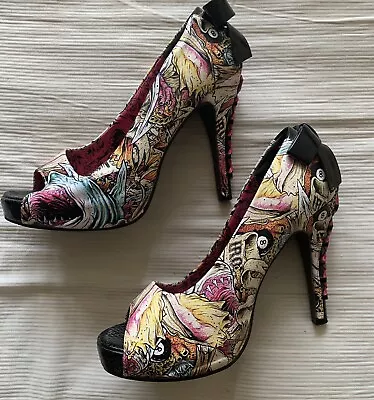 £14.99 • Buy Iron Fist Here I Lie Rockabilly Peep Toe Heels UkK Size 6 Eur 39