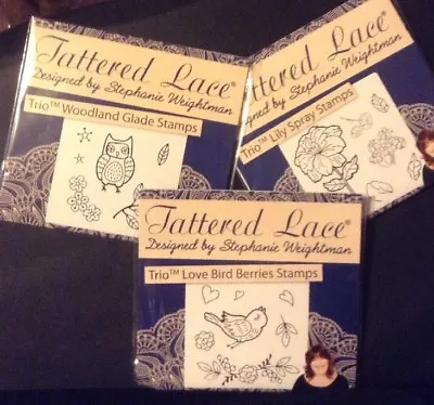 3 X Tattered Lace Trio Stamp Sets Woodland Glade / Love Birds& Lily Spray. BNIP. • £1.99