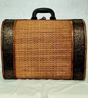 Vintage Wicker Rattan Suitcase Large Tin Trim Handles 17  X 13  • $32