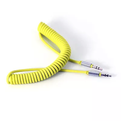 Coiled 3.5mm AUX Cable Mini Jack To Jack Male Audio Auxiliary Lead PC 1m Yellow • £2.85