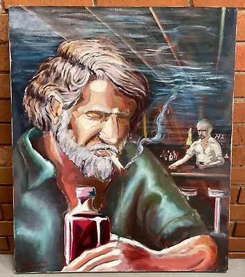 Vintage Man In Bar Drinking Alcohol Oil Painting Modern Art Wall Hanging Signed • $250