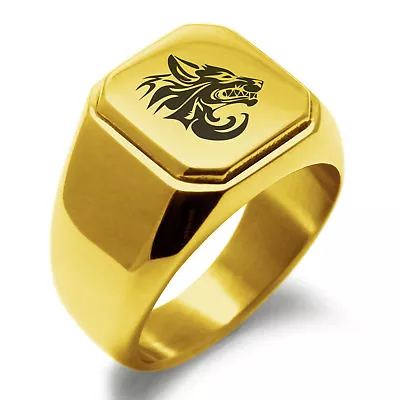 $15 • Buy Stainless Steel Tribal Wolf Design Mens Square Biker Style Signet Ring