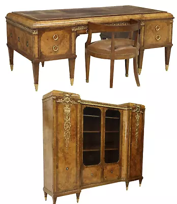 Antique Desk Office Suite French Oromlu-Mounted Burlwood 3-Piece Set 1800's! • $7975