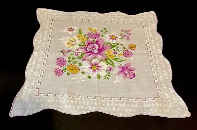 Vintage Purple Yellow White Floral W/ Green Leaf Hankerchief Scalloped Edge 11” • $10.99