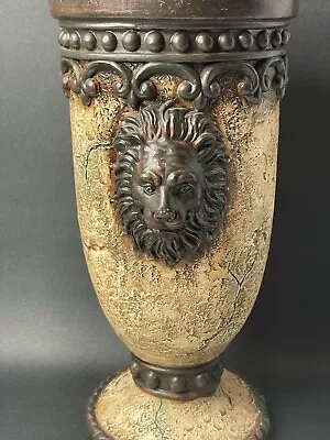 Vintage Lion Head Vase 12” Heavy Trompe-loeil Faux Finish Planter 2 Lion Faces • $39