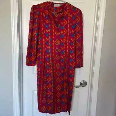 Vintage Adrianna Papell Colorful Geometric Long Sleeve Dress 100% Silk Size 6 • $99