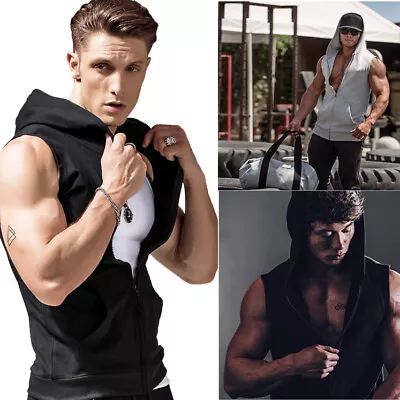 Men Sleeveless Zipper Hoodie Hooded Workout Gym Training Sport Vest Tank Top • $15.99