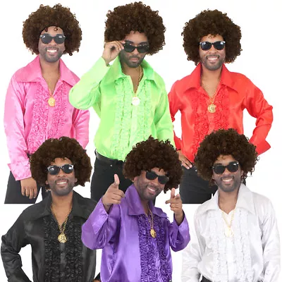 MENS 60s 70s DISCO COSTUME SHIRT RUFFLE ADULTS FANCY DRESS WIG GLASSES NECKLACE • £11.99