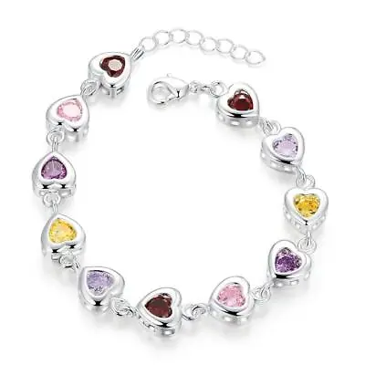 925 Sterling Silver Crystal Heart Shape Bracelet Bangle Women Wedding Jewelry • $3.92