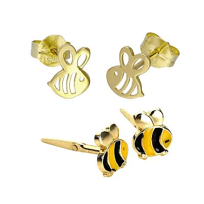 9ct Gold Kids Enamel & Cut Out Bees Stud Earrings Set • £54