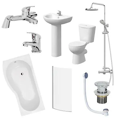 Bathroom Suite 1700mm P Shaped LH Bath Toilet Basin Pedestal Taps Shower Waste • £599.97