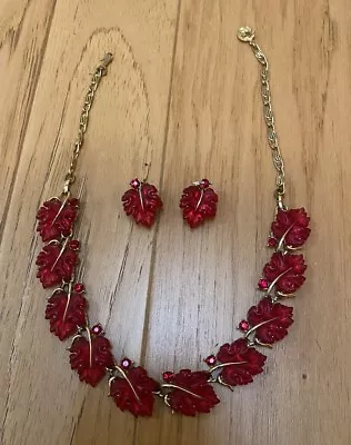 Vintage Signed Lisner Cherry Red Lucite Oak Leaf Jelly Necklace & Earrings Set • $60