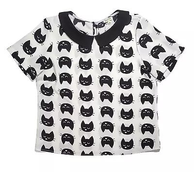 $15.95 • Buy Lily White Womens Top Short Sleeve Peter Pan Collar Cat Print Black White Size L