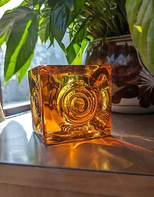 Vintage VIKING Glass AMBER Bullseye 3½  Square CUBE Block CANDLE Holder  As Is • $53