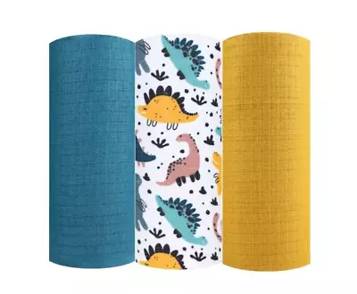 3 Pack BABY MUSLIN SQUARES COMFORTER BLANKET BURP CLOTH DINO MUSTARD BLUE 70X80 • £8.99