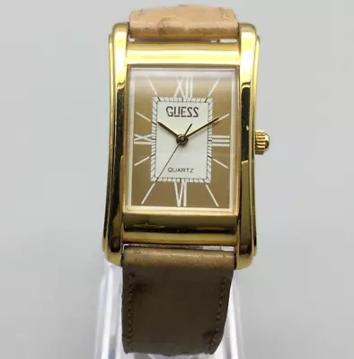 Vintage Guess Watch Women 23mm Gold Tone Tank Leather Band 1988 New Battery • $31.49