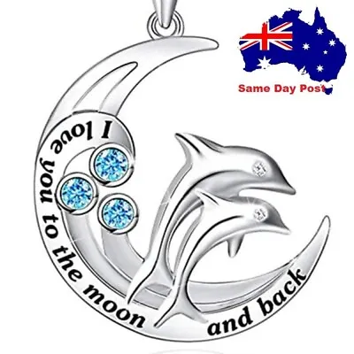 Mother And Child Dolphin Moon Necklace CZ Pendant I Love You To The Moon & Back • $8.95