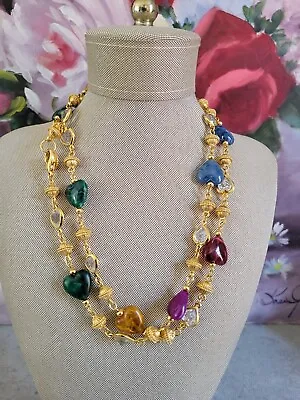 Vtg ST. JOHN Couture Faceted Glass Crystal Swarovski Heart Long Gold Necklace • $299