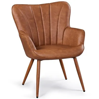 PU Leather Accent Chair Modern Armchair For Living Room Bedroom Retro Brown • £64.99