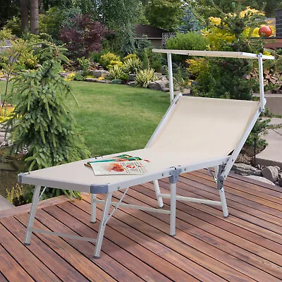 Garden Sun Lounger Reclining Chair With Canopy Adjustable Backrest • £80.99