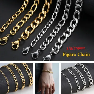 3/5/7/9mm Silver/Gold Plated Stainless Steel Figaro Link Chain Bracelet 7-10 In • $7.12