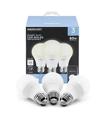 Merkury Innovations A19 Smart White LED Bulb 60W Non-Dimmable 3-Pack Voice C... • $16.99