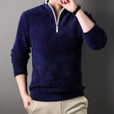 Men Half Zipper Stand Collar Warm Knitted Shirt Faux Velvet Thicken Sweater • $37.83