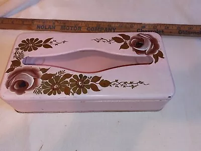 Vintage Tissue Box Cover Ransburg Pink Metal  Gold Flowers Tabletop Wall Hanging • $8.99