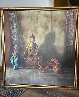 Vintage Asian Buddha Still Life Tapestry Painting Gold Bamboo Framed 35” MCM • $199