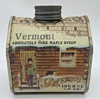 Vintage 1984 Vermont Pure Maple Syrup 8.45 Oz. Log Cabin Tin Metal Can Empty • $11.95