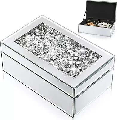 Luxury Silver Crushed Diamond Glass Mirrored Mirrored Jewelry Box Organizer Stor • $42.99