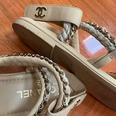 Authentic CHANEL  Low Heel Gladiator Strap Leather Chain Sandals Neutral  39.5 9 • $59