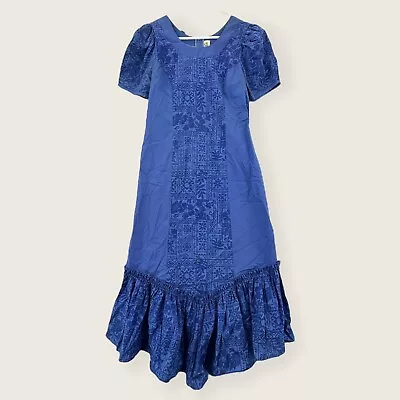 Vintage Almost Paradis Hawaiian Muumuu Womens Small Dress Maxi Blue Floral • $39.99