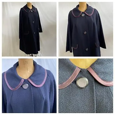 VTG 50s 60s BLUE Mod Wool Swing Car COAT Jacket Portrait Collar Rockabilly L EUC • $69.95