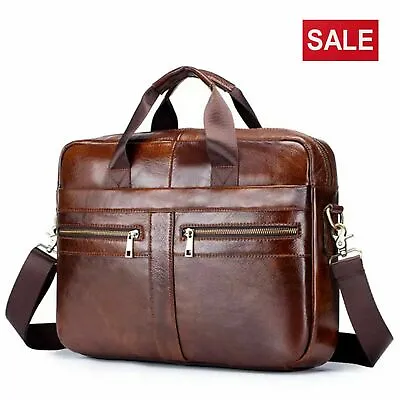 Men's Briefcase Real Leather Laptop Messenger Shoulder Bag Work Travel Handbag • £84.99