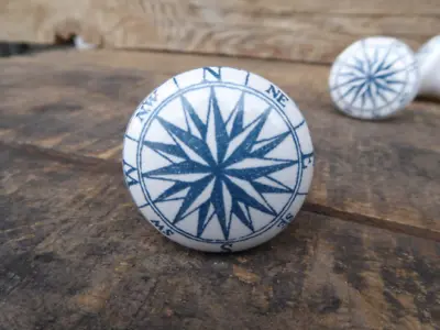 Blue And White Nautical Compass Ceramic Knob  Drawer Pull Coastal Beach Decor • £4.81