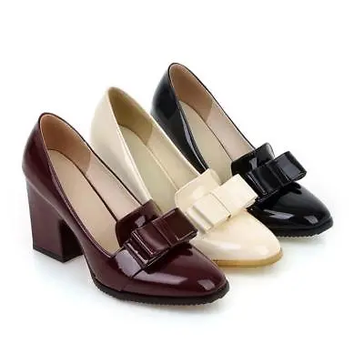 Womens High Block Heels Bow Round Toe Slip On Pumps Patent Leather Oxfords Shoes • $69.25