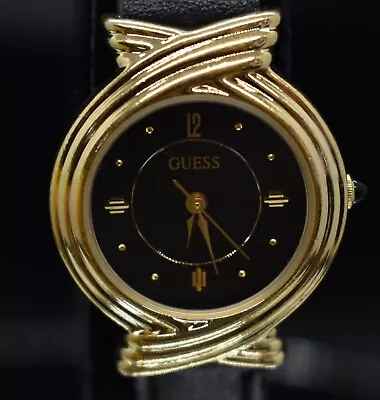 Vtg GUESS Gold Tone Women's Watch Round Black Dial Leather Band 1996 NEW BATTERY • $27.20