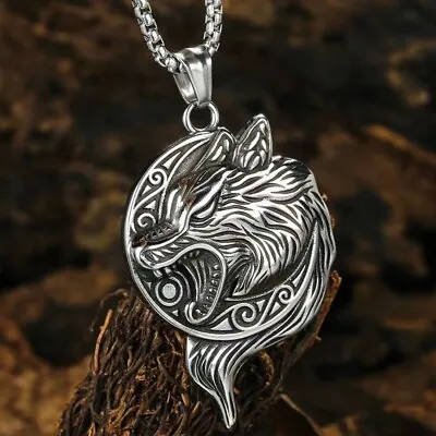 Silver Norse Viking Fenrir Wolf Head Pendant Necklace Men's Jewelry Chain 24  • $11.99